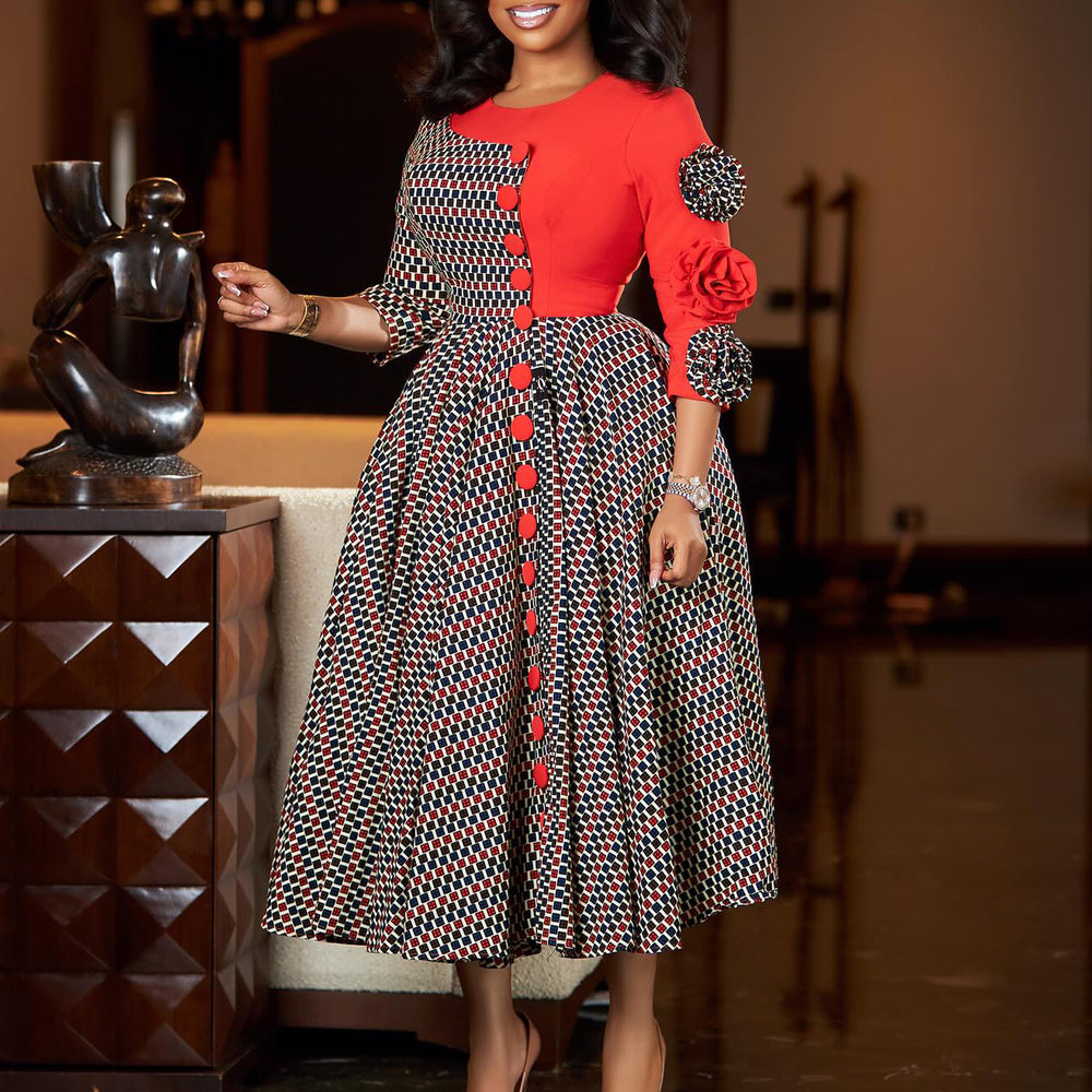 D598 women's foreign trade cross-border new fashion elegant round neck three-quarter sleeve printed patchwork african dress