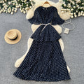 French red polka dot short-sleeve a-line dress - women's summer slimming cake dress - elegant commute maxi dress