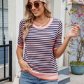 European and american cross-border e-commerce women's summer  striped knit t-shirt short sleeve ice silk color block british preppy style