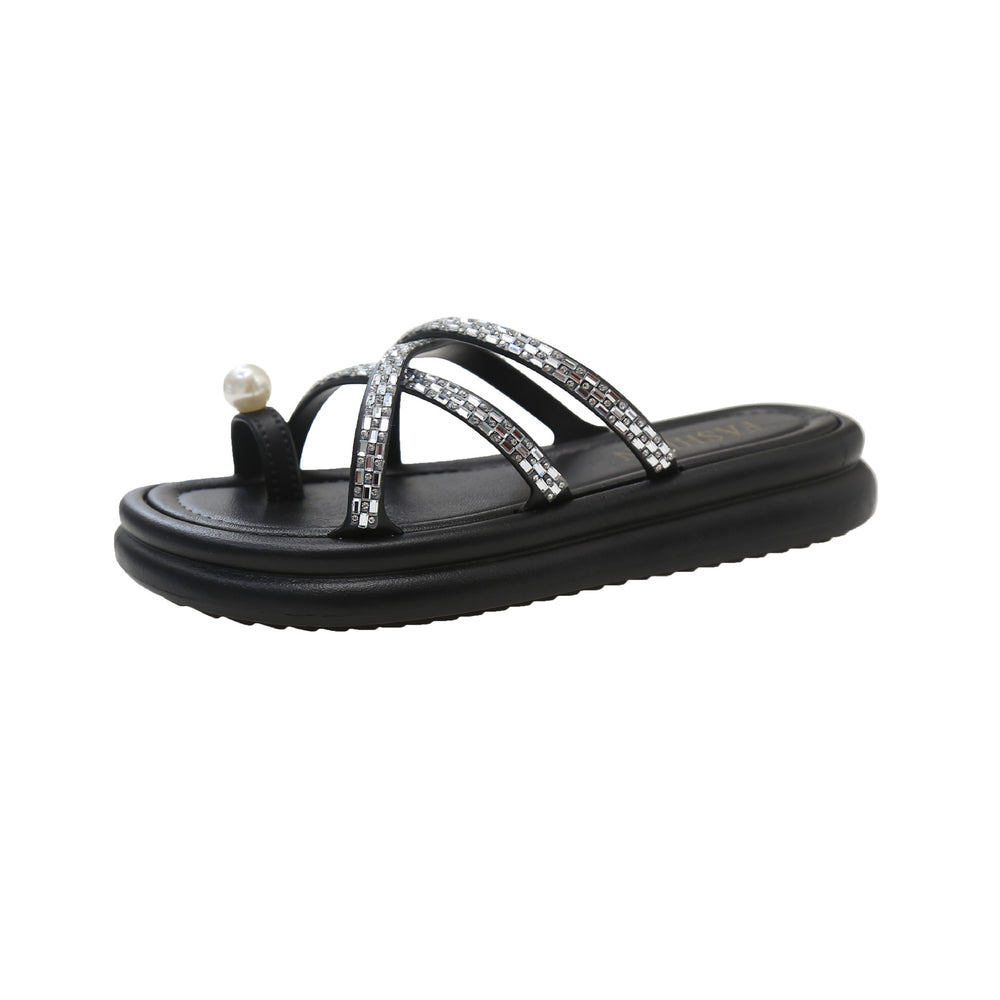 Best selling pearl rhinestone toe slippers women's summer outwear new thick sole wedge heel flip flops roman beach sandals