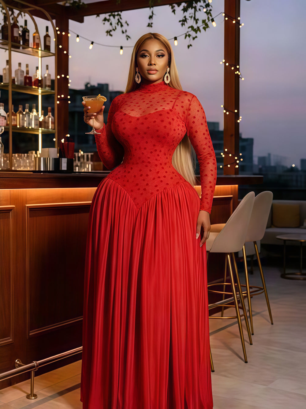 European and american cross-border women's winter  new arrival: long-sleeved stand collar slim-fit patchwork pleated maxi dress - elegant style