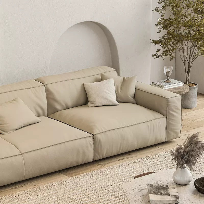 Foshan furniture factory personalized italian normcore tofu block sofa first layer genuine leather small apartment living room house straight row