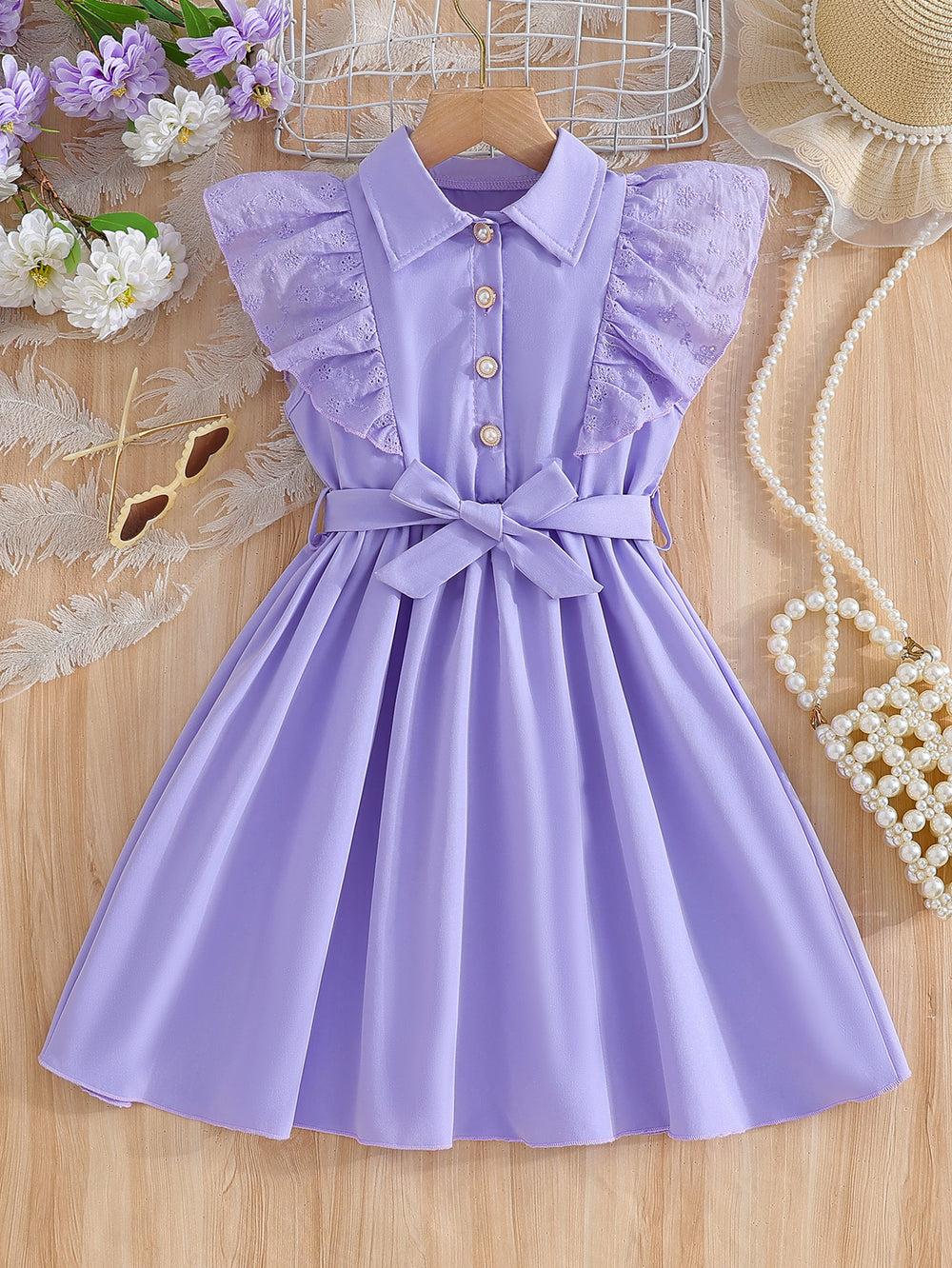 girls' summer dress - purple flutter sleeve ruffle trim bow belt kids' cute tank top a-line dress