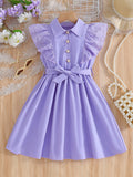 girls' summer dress - purple flutter sleeve ruffle trim bow belt kids' cute tank top a-line dress