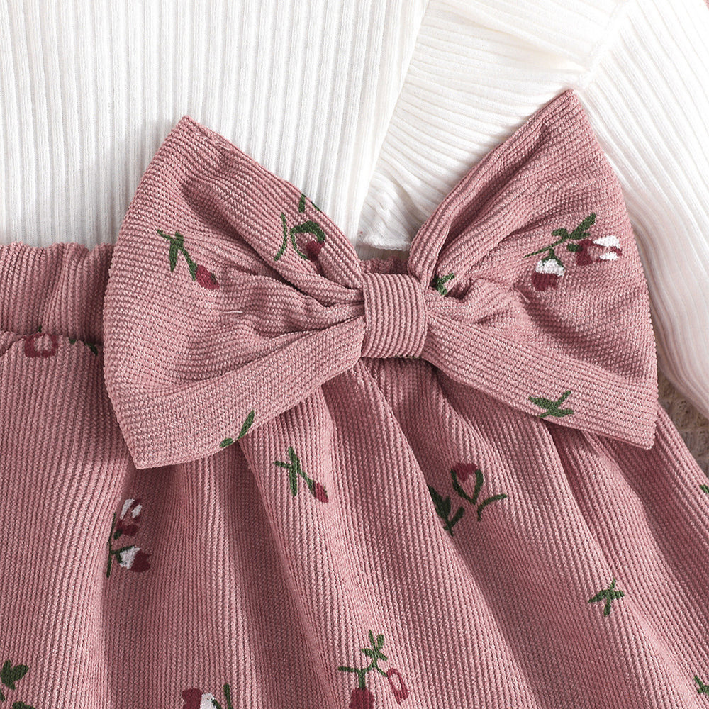 baby girl printed flutter sleeve ruffle trim bow 2-in-1 dress with headband - new autumn dress