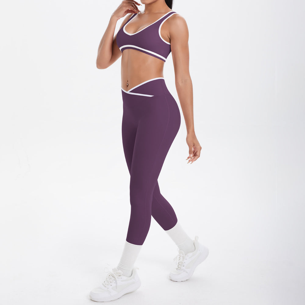 New arrival cross-border brushed contrast color tight breathable cross wide-leg yoga suit sports running fitness two-piece set