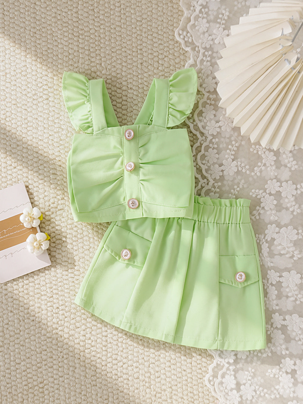 Kids clothing cross-border exclusive for european and american girls new arrival children's green flying sleeve vest + shorts children's clothing