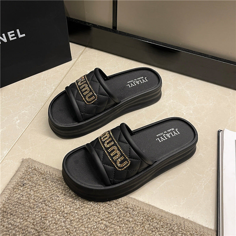 Thick soleplatform shoes rhinestone slippers women's summer easiest for match heightening fashion going out style beach soft bottomnon-slipoutwear one word
