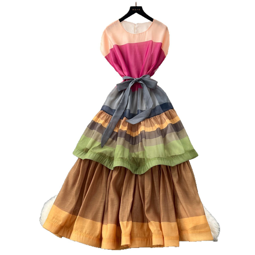 2025 summer women's french chic dress - high-end tie-waist, color block, ruffle hem maxi dress