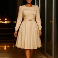D3349 european and american cross-border new round neck long sleeve high waist a-line dress elegant party solid color foreign trade african dress