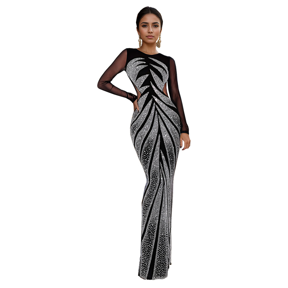 C7150 cross-border   fashion women's hotfix rhinestone long sleeve sexy bodycon mini dress