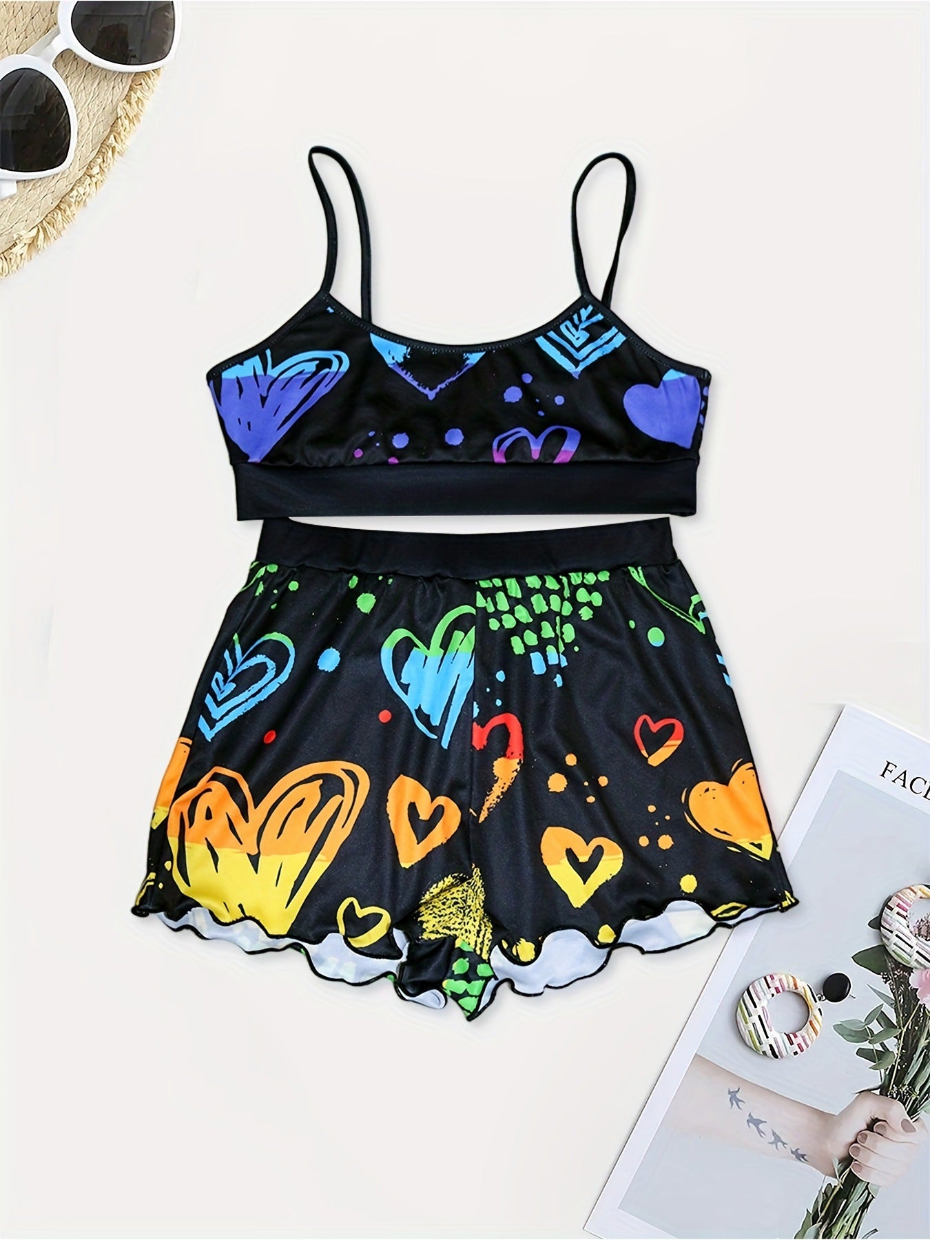 S390793 Printed Suspender Shorts Set Women