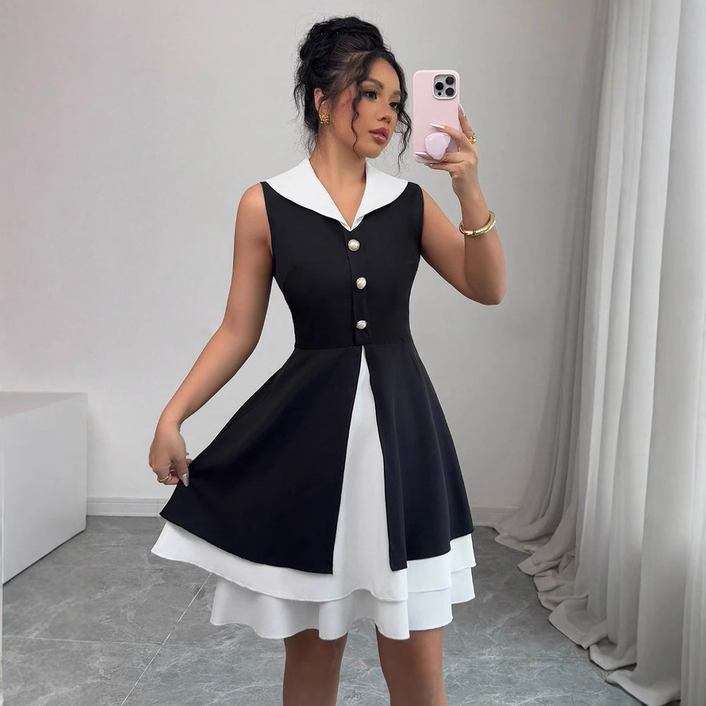 Sleeveless tweed style silmdress women's  summer waist slimming lookelegant hem contrast color vest short skirt