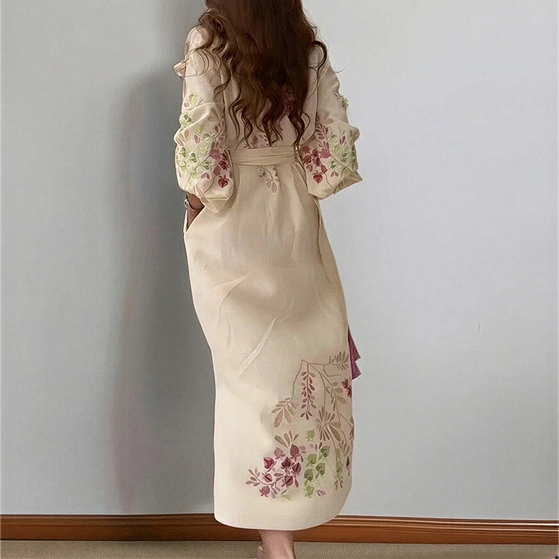 cross-border e-commerce european and american women's clothing: new summer collection - printed lantern sleeve, cinched waist, tie-waist tassel dress