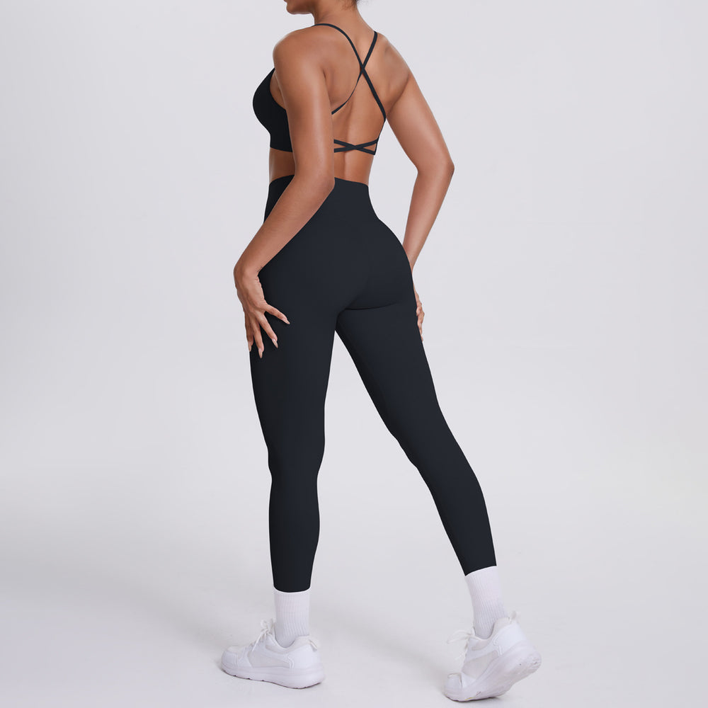 New arrival cross-border fashion double-sided nylon beautiful back tight cross sports yoga suit running fitness two-piece set