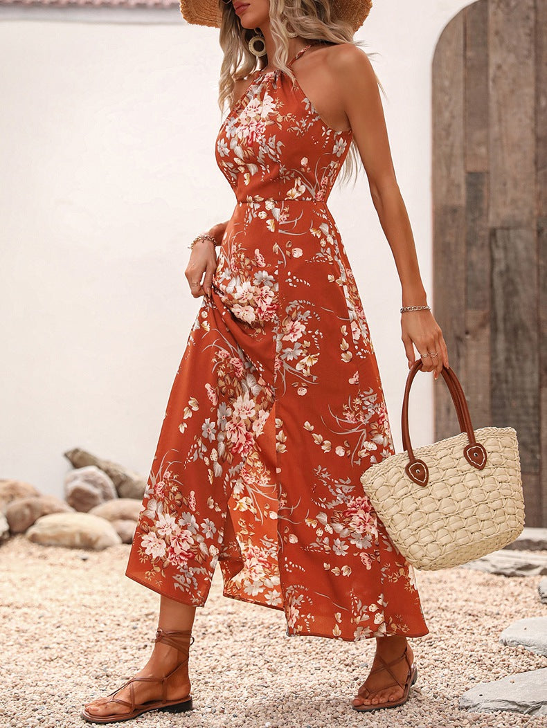 Amazon women's clothing japan summer new high-waisted printed dress vacation style slit halter maxi dress