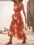 Amazon women's clothing japan summer new high-waisted printed dress vacation style slit halter maxi dress