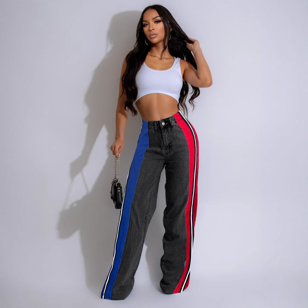 Best selling european and american clothing fashionpatchworkstripescontrast color denim pants new arrivalcasual waist elastic straight-leg pants