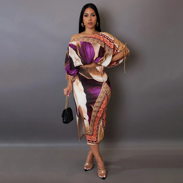 K10796 one piece minimum order  European and American fashion women's clothing positioning printing off-the-shoulder split skirt set