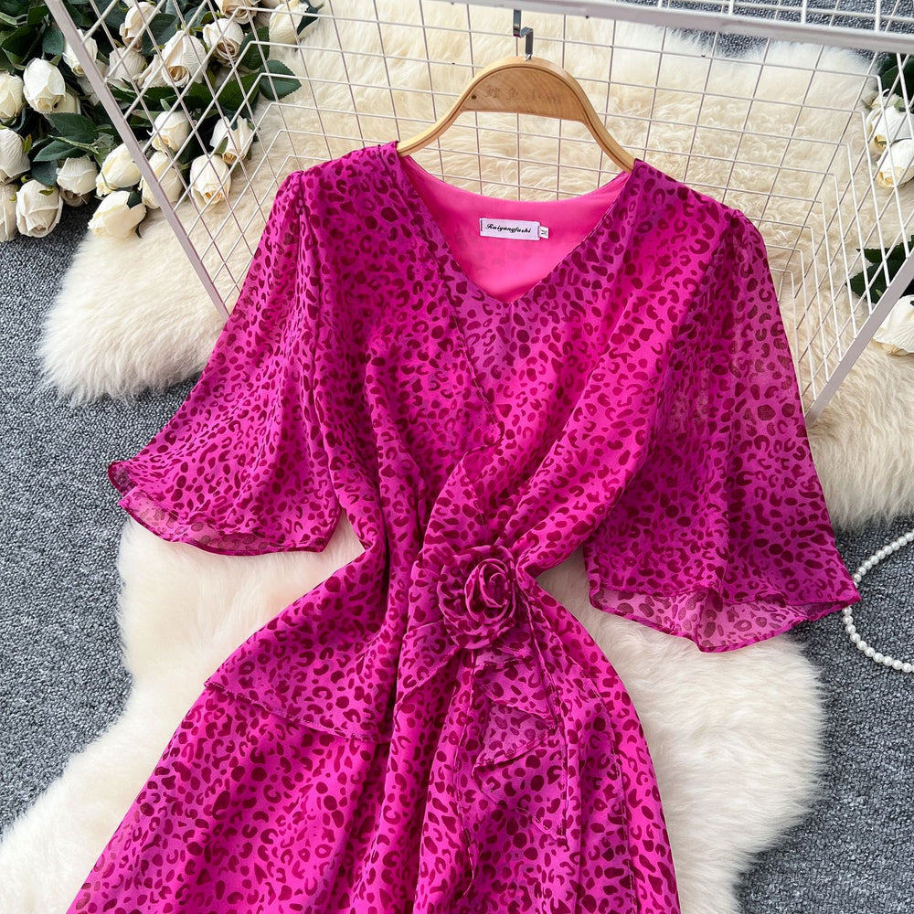 European and american style leopard print dress - women's summer ruffle sleeve, slimming waist, exquisite design, luxurious and chic, long maxi dress