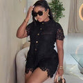 European and american cross-border women's fashion:  autumn new collection - stylish round neck button-down lace short-sleeve blouse and high-waisted shorts set