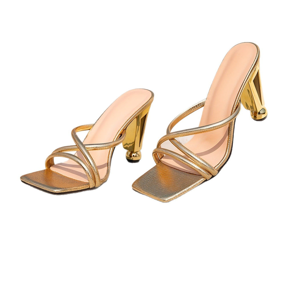 Women's gold heeled sandals - unique heel, fashionable square toe, minimalist open back, simple women's shoes