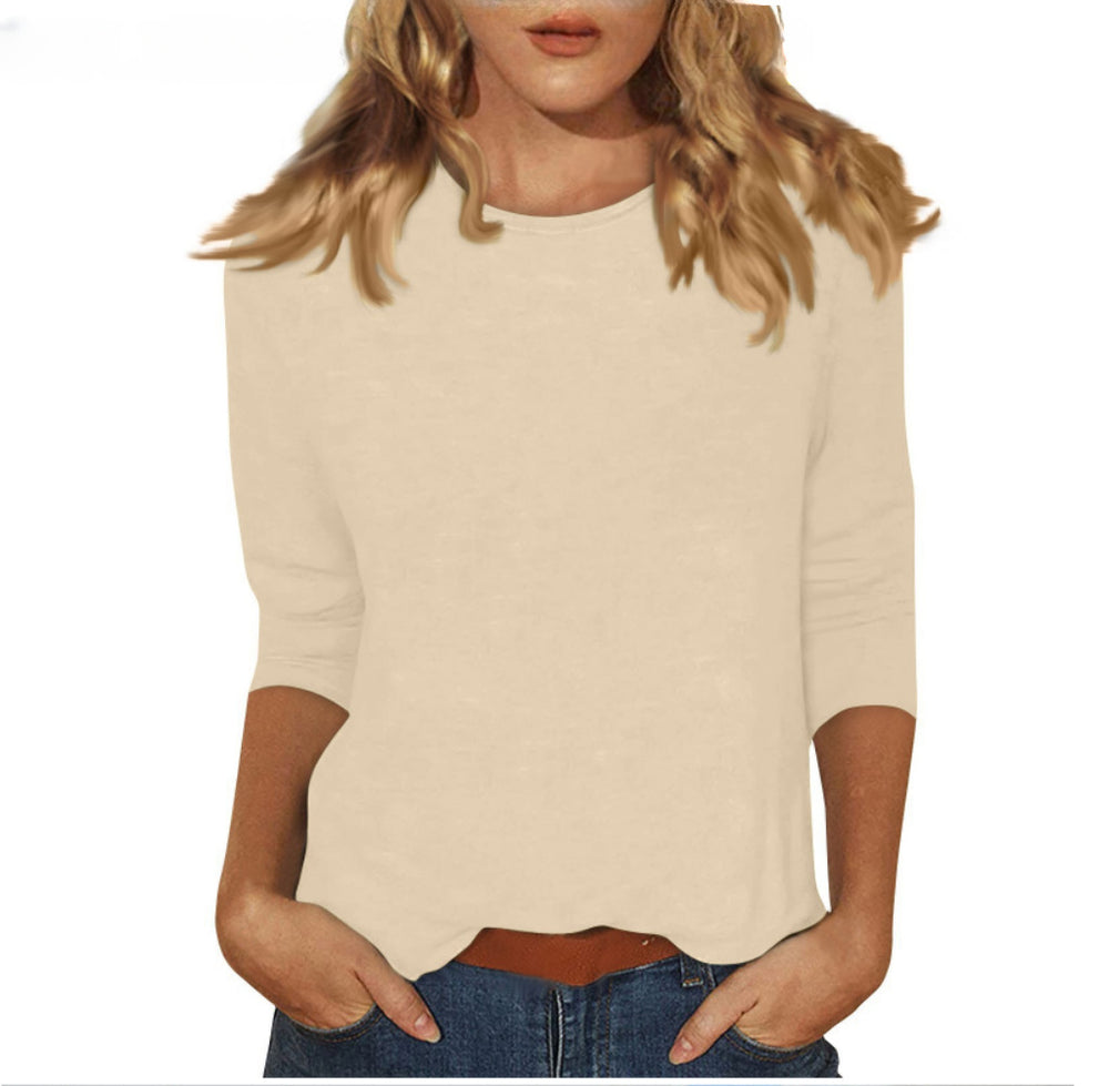 new women's crew neck t-shirt with 3/4 sleeves - solid color top for cross-border  sales