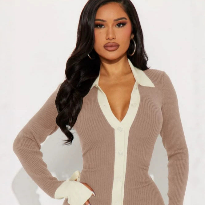european and american  autumn/winter new arrival: elegant high-waisted long-sleeve color block knit dress for women - cross-border e-commerce