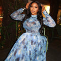 Fashion style insexportnew arrivalelegantprinting women's waist slimming look a-line skirt high collarprintinglongdress