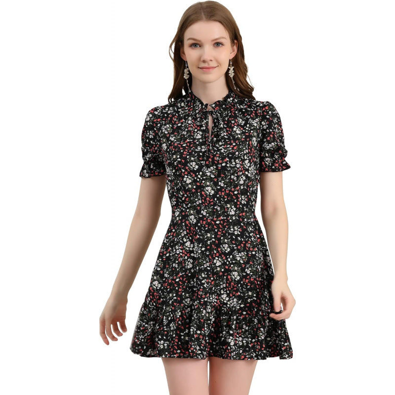 Amazon fashion ruffles bow tie chiffon floral dress  summer new arrival puff sleeve skirt