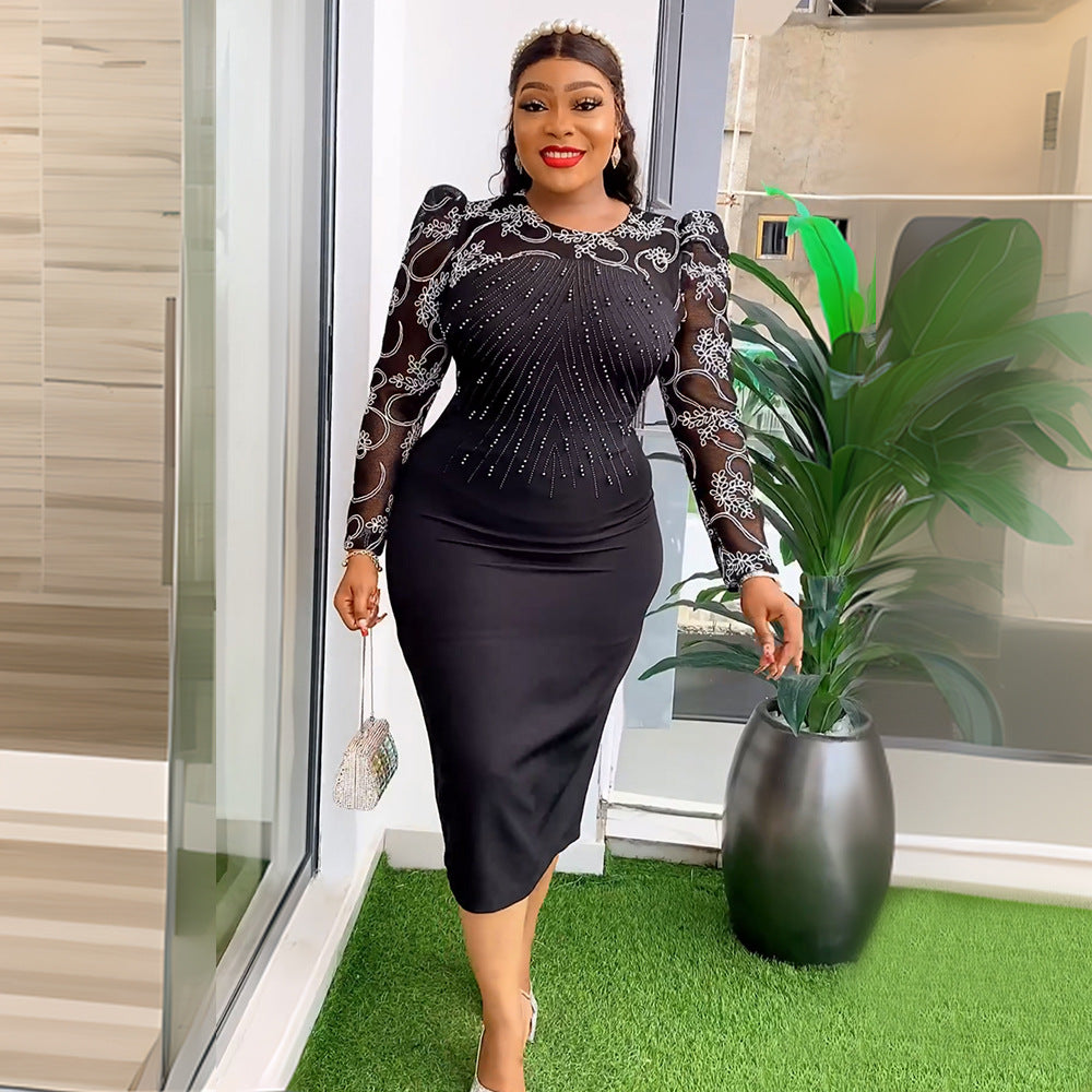 European and american fashion women's workwear elegant bodycon dress african  plus size organza patchwork beaded dress
