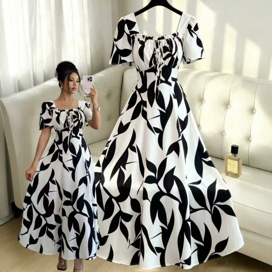 european and american new style black and white large leaf print square neck midi dress with drawstring waist and short sleeves