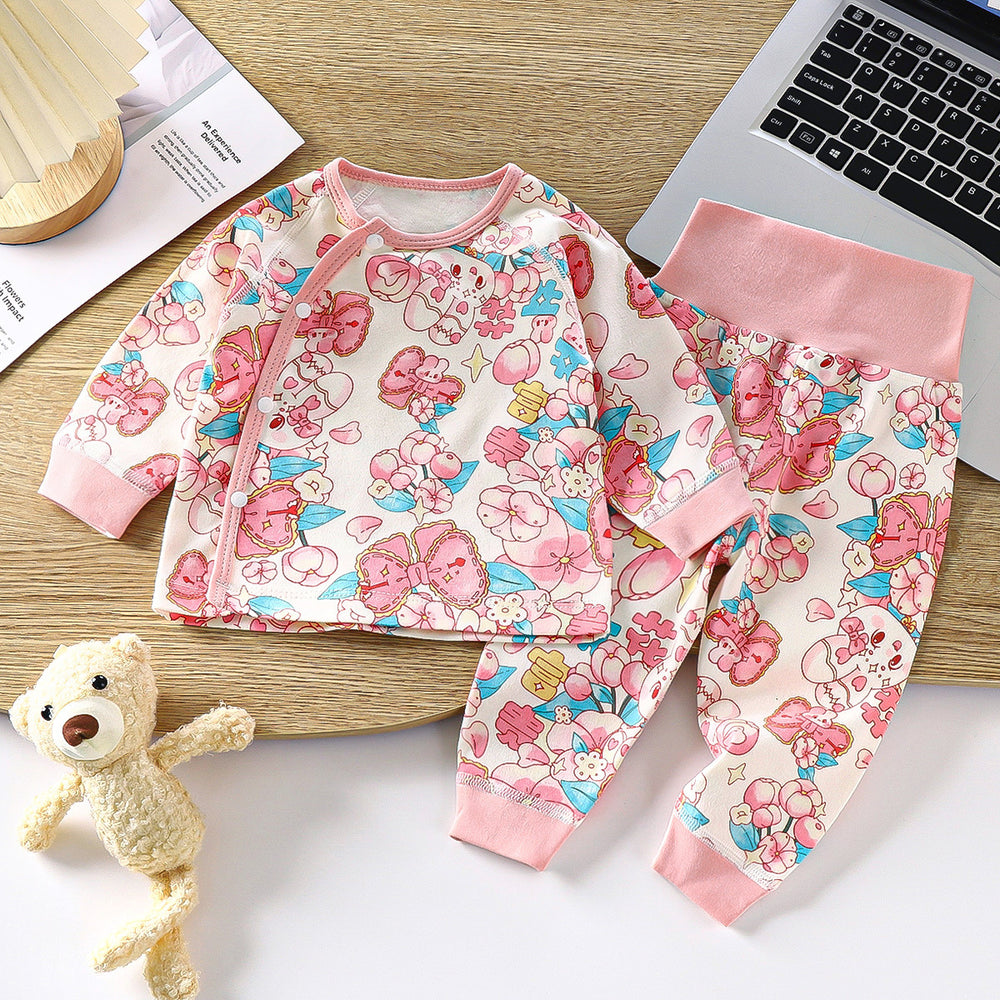 Newborn baby underwear set, all-cotton seamless thermal underwear, cute cartoon design, high-waisted pants for baby, belly protection