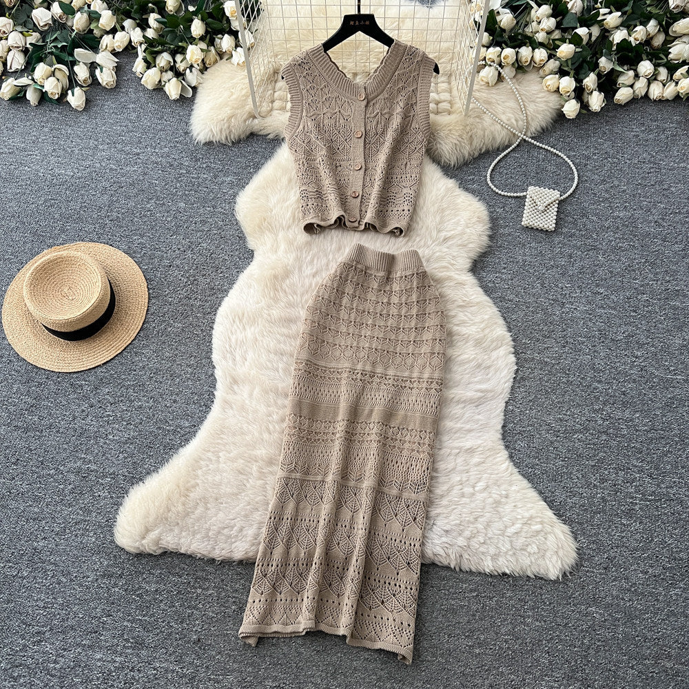 Vacation style cut out silm type lacetwo-piece set women's summerhigh waistslimming look vest skirtelegantsuit