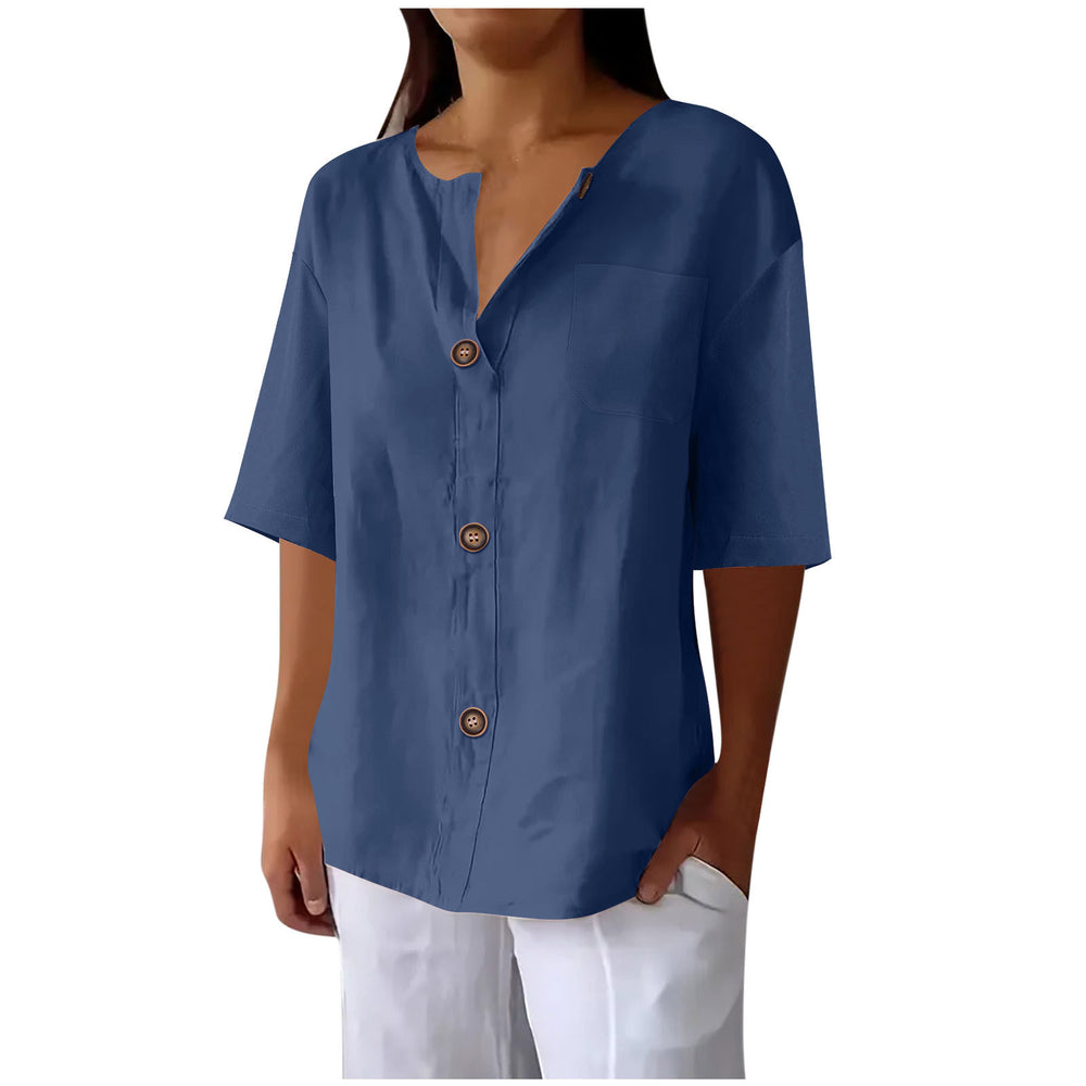 cross-border fashion summer new loose t-shirt women's v neck cotton and linen button tops