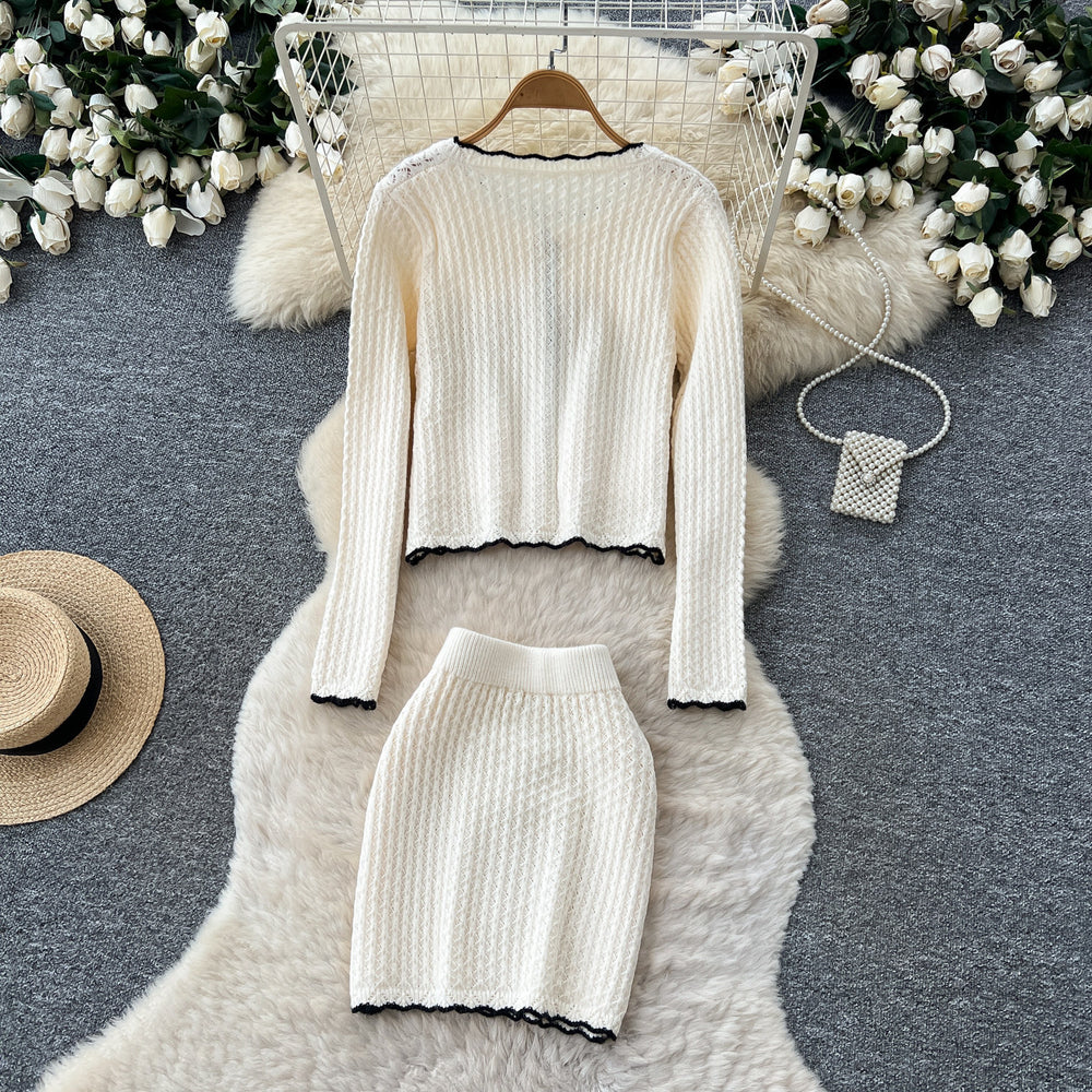 Xiaoxiangfengknittingtwo-piece setfemaleautumpetitesclassyelegantcardigan hip covering skirtwestern stylesuit