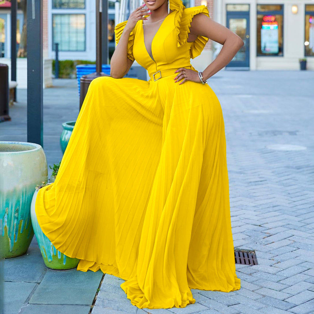 C8520p with belt cross-border european and american women's clothing  sexy deep v pleated wide leg large size foreign trade jumpsuit