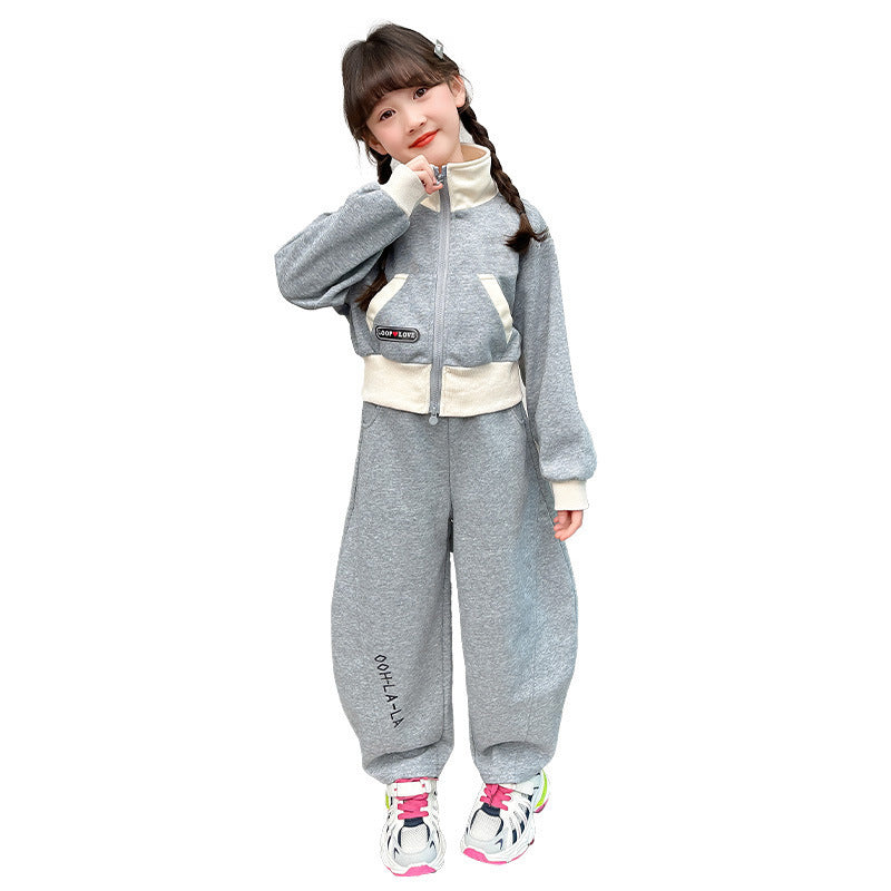 Girls' autumn cardigan two-piece set: new  versatile chic stand collar jacket, loose-fit spring/autumn outfit