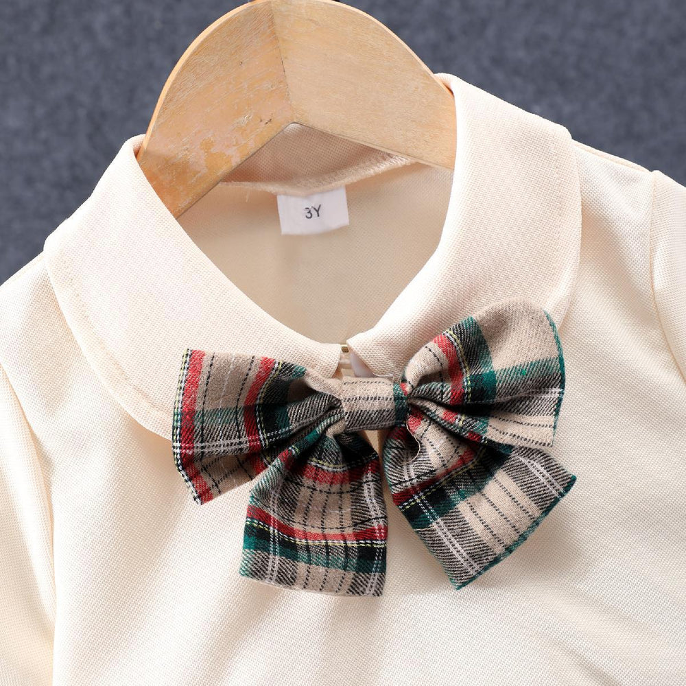 Children's short-sleeved bow plaid shorts suit