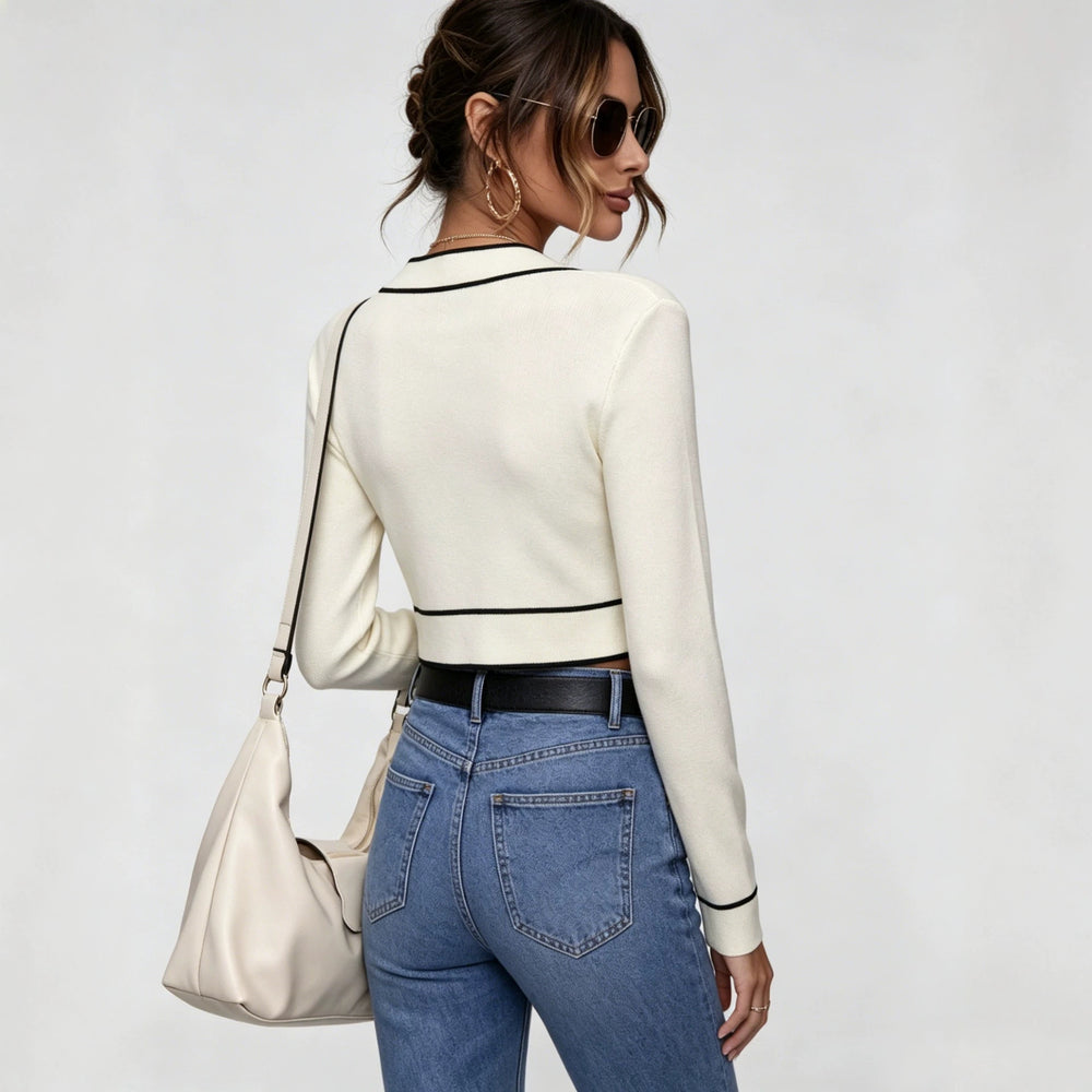 spring/autumn new arrival: v-neck chanel-inspired color block knit cardigan - elegant, age-defying long sleeve top/sweater
