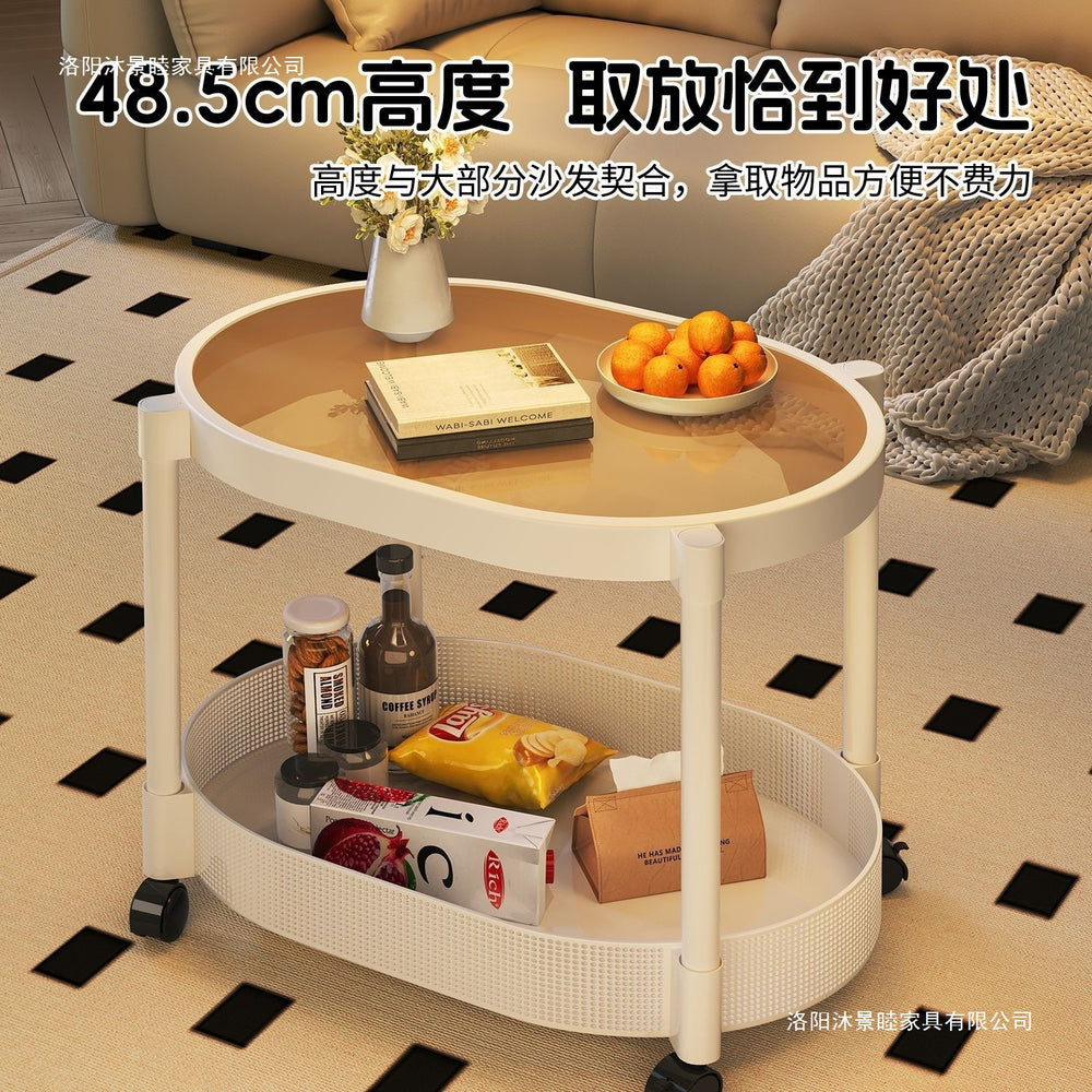Small apartment mobile oval cream coffee table, sofa side table, small table, living room storage and snack cart