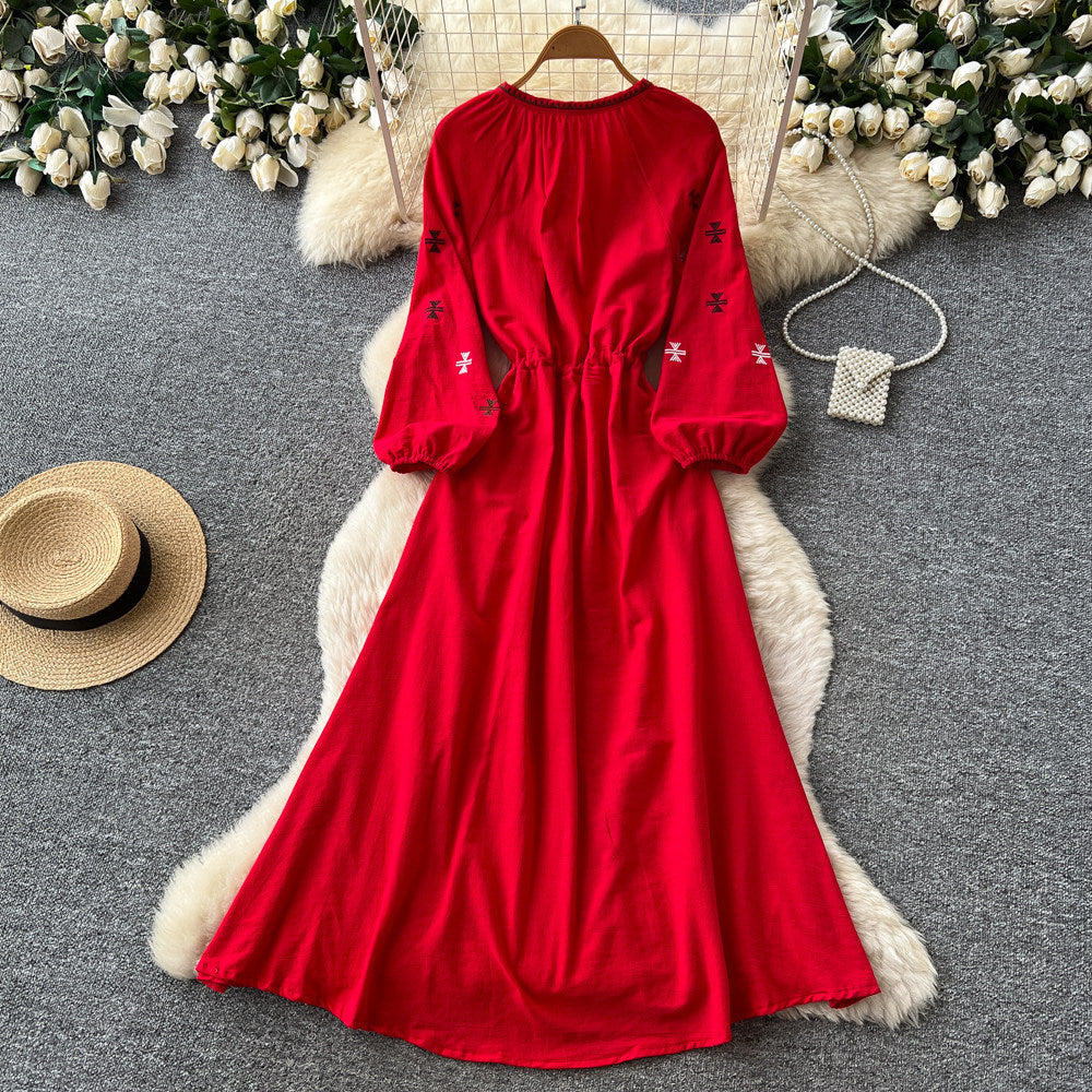 Ethnic style heavy industry embroider red dress women's summerk-stylelong sleeves waist slimming look a-line long skirt holiday style