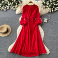 Ethnic style heavy industry embroider red dress women's summerk-stylelong sleeves waist slimming look a-line long skirt holiday style