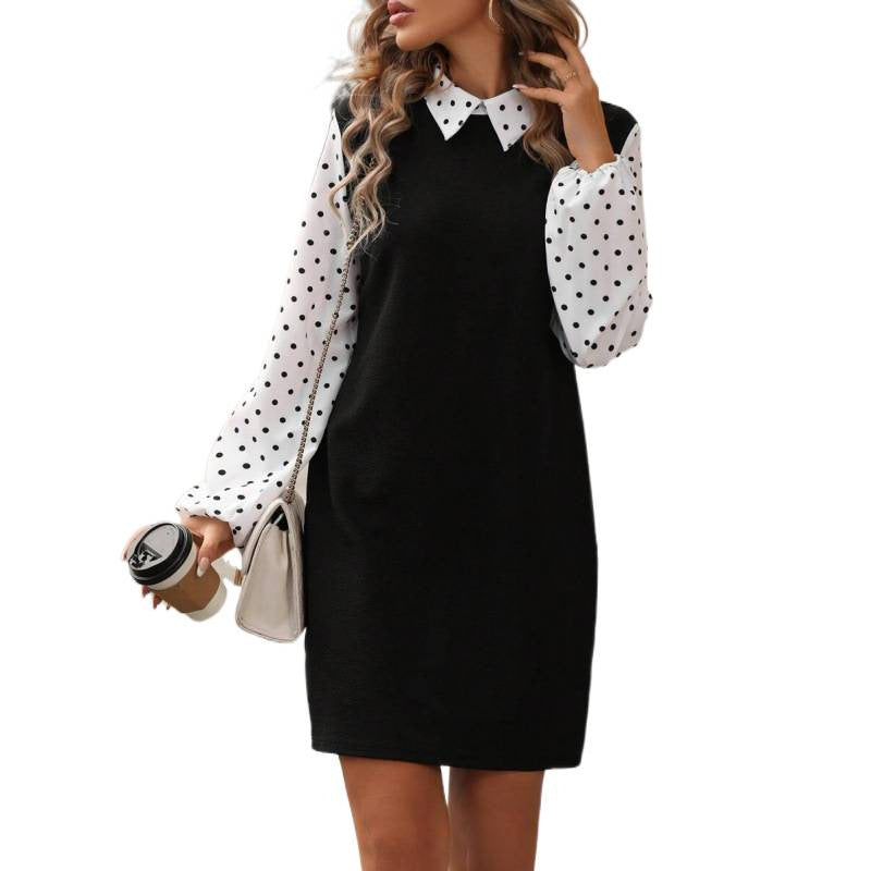 fashion  autumn new arrival polo collar polka dot printing lantern sleeve elegantshortdress