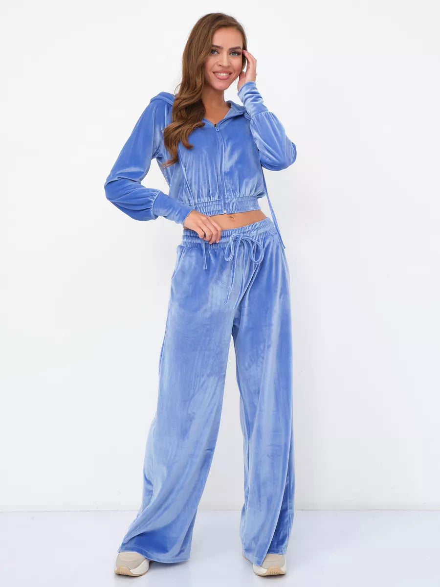 European and American fashion casual women's clothing solid color zipper cardigan silver fox fleece sweater lace-up pants two-piece set