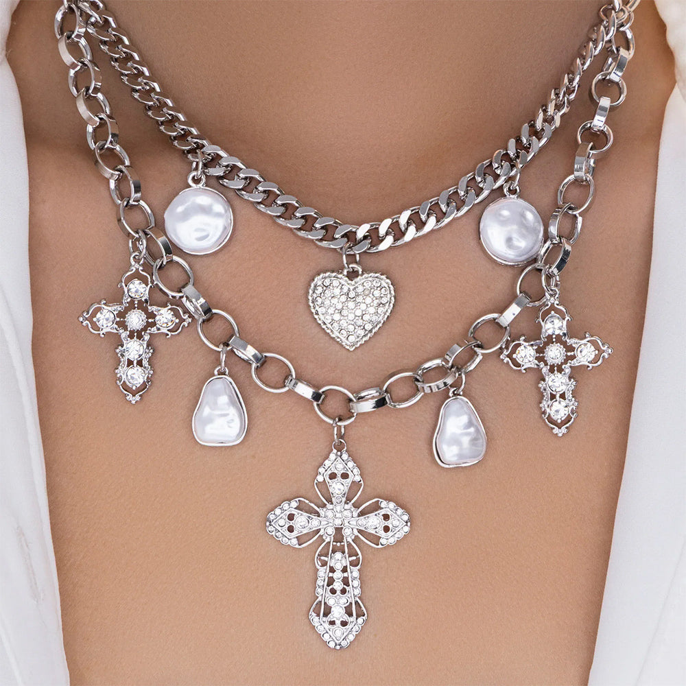 Stacked love cross necklace wholesale european and american cross-border cold style multi-layer exaggerated imitation pearl pendant clavicle chain