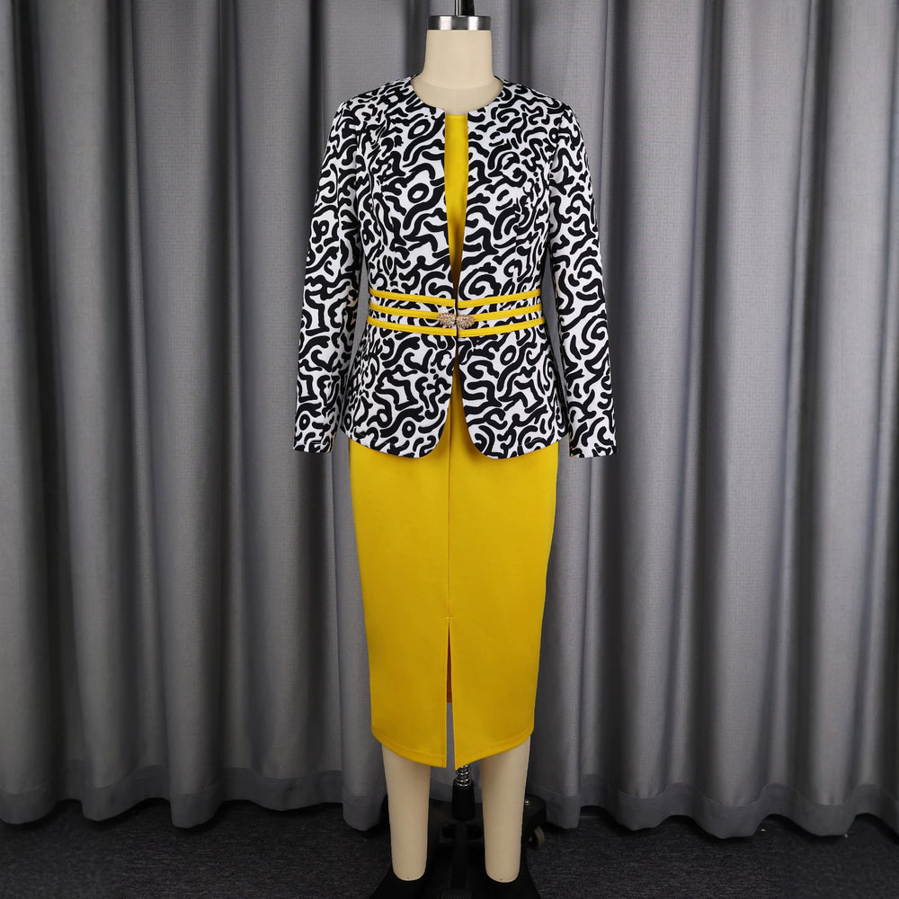 New arrivalprinting waist long sleevesoutwear elegance hip skirt party dresstwo-piece set
