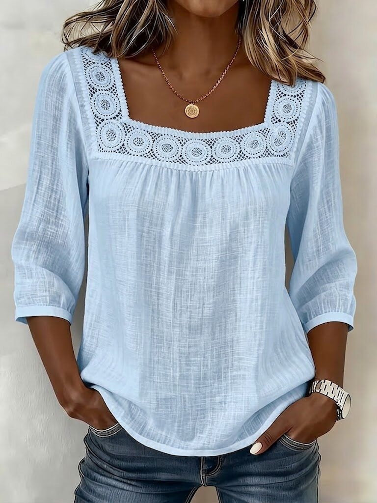 new cross-border  summer solid color casual square neck lace trimmed three-quarter sleeve cotton linen short-sleeve top for women