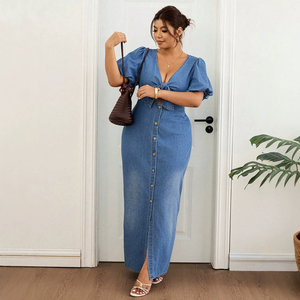 new arrival: plus size women's bubble sleeve, tie-front, slit maxi denim dress - perfect for , , and european & american markets