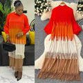 Miura european and american fashion dress women's  spring high-end lantern sleeve loose slimming color block tassel maxi dress